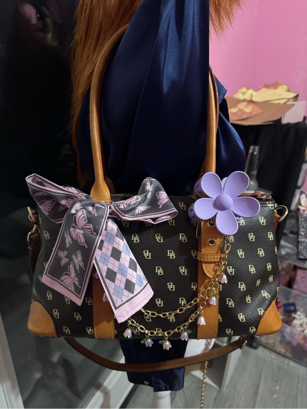 Dooney & Bourke Brown Logo Satchel with Lavender Floral Charm and Pink Scarf